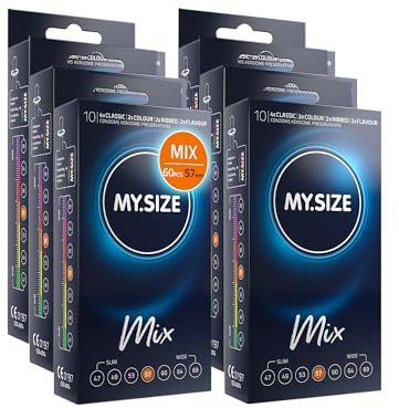 MY.SIZE Mix Premium Kondom Set Größe 4, 57 mm – 60 Stück | 4 Varianten: Classic, Genoppt, Blau & Rot | Vorteilspackung