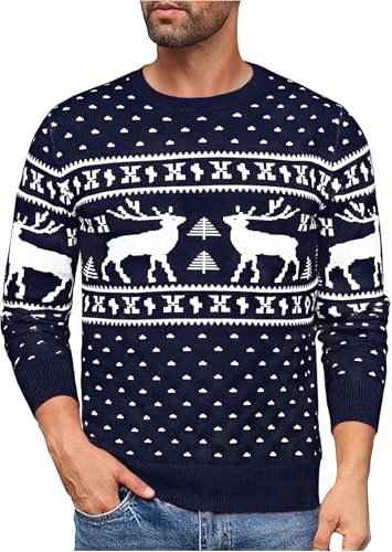 Uniexcosm Pull de Noël Homme Pullover Noël Hommes Imprimé Manches Longues Col Rond Sweat Noël Homme B-Cerf de Noël (Bleu Marine) M