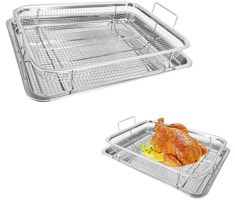 Cesta y bandeja para freidora de aire, bandeja y cesta de acero inoxidable de 15.3 x 11.4 pulgadas, parrilla para tocino para horno freidora de aire, juego de 2 utensilios perfectos para hornear