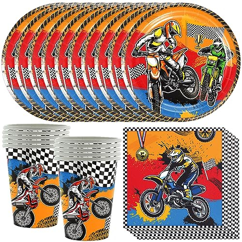 MEZHEN Partygeschirr Motorcycle Geburtstags Party Geschirr Motorcycle Kindergeburtstag Partygeschirr Deko Pappteller Pappbecher Servietten Motorcycle Kindergeburtstag Deko 10 Gäste
