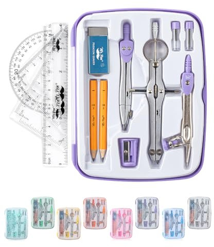 Mr. Pen - Set di geometrie, 13 pezzi, 3 bussole in metallo, goniometro, righello da 6 pollici | 45 ° e 30 °/60 ° Set quadrati, matite, ricariche di piombo, temperamatite e gomma per matematica