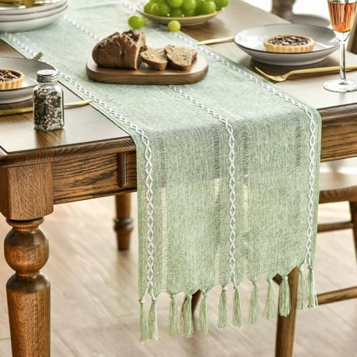 Artoid Mode Boho Salbei Grün Landhausstil Quasten Tischläufer, Waschbar Tisch Dekoration Party Geburtstag Valentinstag Hochzeit Dekor 33x243 cm