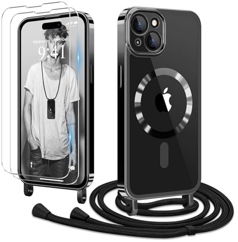 Ethanger für iPhone 15 Hülle mit Band + 2 Schutzfolie, Schwarz | Handyband Transparent Silikon Handyhülle, Magnetische Schutzhülle Case zum Umhängen Kordel