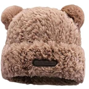 MANGGUO Niedliche Fuzzy-Bären-Mütze, Plüsch-Bär-Beanie Mit Ohren für Frauen (Khaki, One Size)