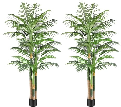 7ft Tall Triple Golden Cane Palm Artificial Tree Large Tropical Palm Tree UV Resistant Fake Plant in Pot for Indoor Outdoor Big House Living Room Outside Patio Office Home Decor 2Pack