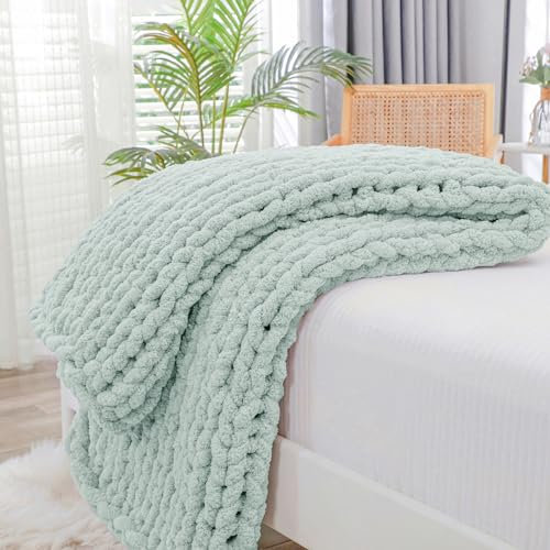 Bigacogo Tjock stickad filtöverkast 102 cm x 102 cm, 100 % handstickad chenille prydnadsfilt, liten mjuk tjock garnkabel stickad filt, söt repknut virkad filt för bäddsoffa (mint)