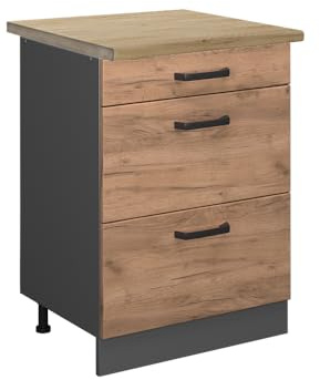 Vicco Küchenunterschrank R-Line, Goldkraft Eiche, 60 cm | 3 Schubladen · AP Eiche inkl. · Höhenverstellbare Füße · ✓ Leichter Zugriff · ✓ Frei kombinierbar