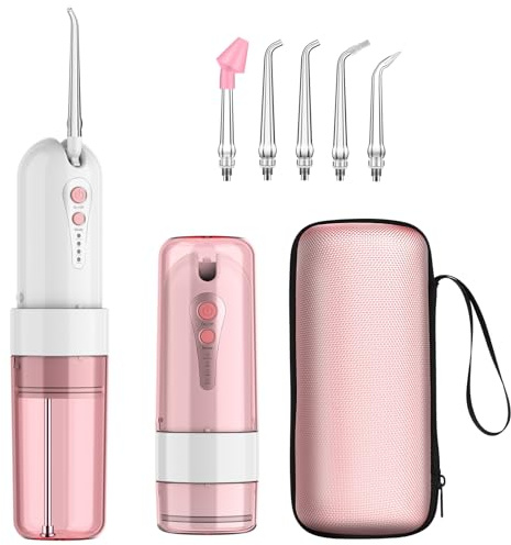 Kutery Idropulsore Dentale Portatile Rosa Senza Fili, Irrigatore Orale Ricaricabile con Custodia da Viaggio, 4 Modalità & 5 Beccucci, Spruzzino Elettrico per Denti IPX7 Impermeabile per Casa e Viaggio