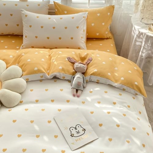 Freyamy Herz Bettwäsche 220x240 Herzen Gelb Weiß Mädchen Bettwäsche Set | Aesthetic Wendebettwäsche, 3teilig Bettwäsche-Sets, Microfaser ÖKO-TEX Bettbezug mit Reißverschluss und 2 Kissenbezug 80x80cm
