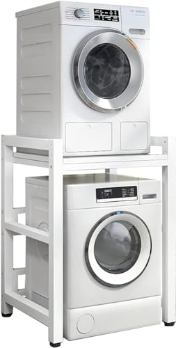GYDUHYE Kit d'empilage réglable, lave-linge et sèche-linge à chargement frontal – Support portable avec capacité de 400 kg – Unité de rangement pour lave-linge (couleur : cadre blanc + blanc)
