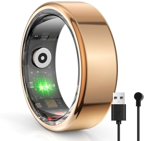 Smart Ring Men, Rilevatore di Salute Smart Ring, Anello di Monitoraggio Del Sonno, Cardiofrequenzimetro, Impermeabile IP68, con Android e IOS, Nessun Abbonamento All'app, Batteria da 7 Giorni(Gold,19.