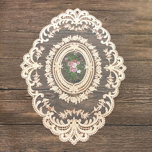 1 Stück Spitze Oval Platzset, Vintage Dekorative Tischsets, 31x 42cm Spitzendeckchen Placemat, Spitze Blume Bestickte Tischmatte Abwaschbar für Küche Esszimmer Dekoration,Beige A