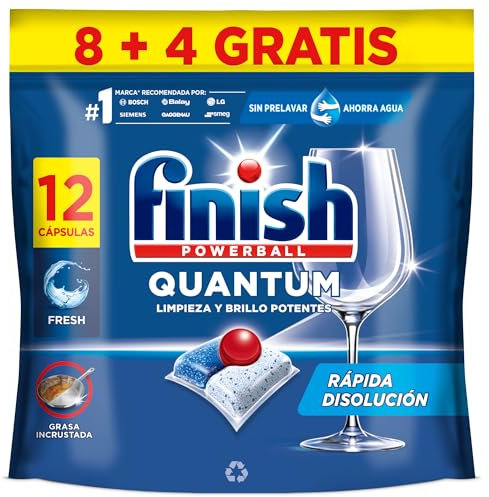 Finish Powerball Quantum All in 1 Pastillas para el lavavajillas todo en 1, limpieza profunda y brillo superior, 12 pastillas