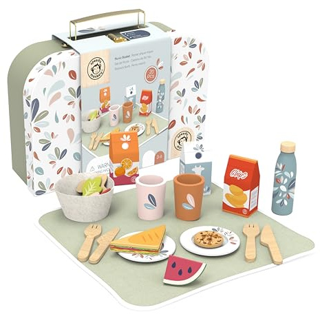 SPEEDY MONKEY Wooden Picnic Basket Playset – FSC Certified Pretend Play Food & Fruit Toy for Toddlers & Preschoolers, Outdoor Picnic Travel Adventure, Kitchen Role Play Set for Boys & Girls