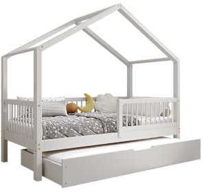 TIMBEE MURLO - Duo Holzbett - in Hausform mit Gitter, Sprossen und Schublade - Skandinavischer Stil - Massive Konstruktion aus Naturholz - Option mit Schlaffunktion - Grau - 70x140cm