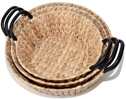 Wickerfield Water Hyacinth Storage Basket for Shelves Wicker Gift Hamper with Black Handle Small Home Office Bathroom Organizer (Round, Set)
