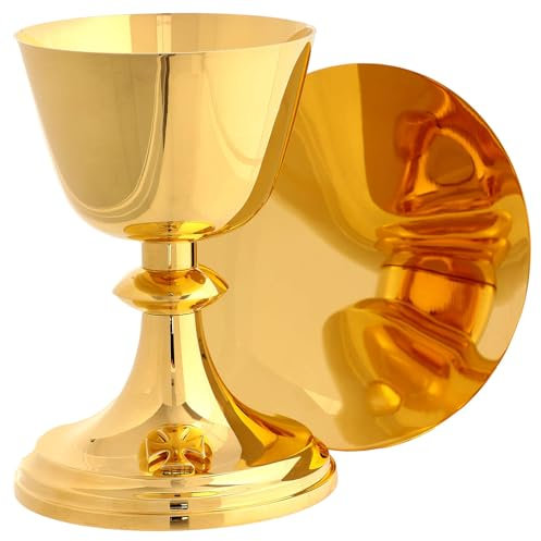 Holyart Cáliz y Patena Molina Clásico Base con Cruz latón Dorado, Cáliz y PatenaAltura cáliz: 16 cm|Diámetro Copa Cáliz: 10.2 cm|Diámetro píxide: 10.5 cm|Altura píxide: 18.4 cm
