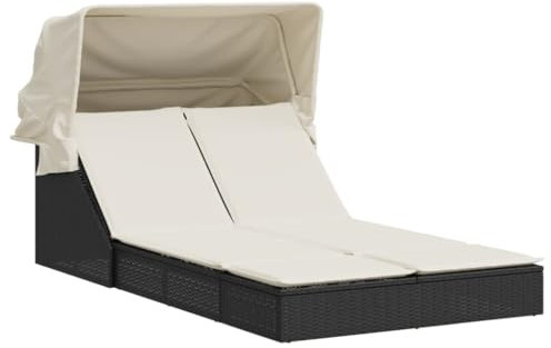 Gecheer Doppel-Sonnenliege mit Dach und Auflagen Doppelliege Gartenliege Relaxliege Rattanliege Strandliege Liegestuhl Schwarz Poly Rattan