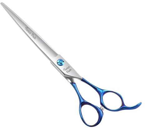 Fenice Peak Grooming Scissors for Dogs 7 inch Straight Pet Grooming Scissors Ergonomically Designed Blue Handles Ideal Dog Shears for Precise Trimming Easy Use.