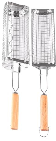 Rollende Grillkörbe Abnehmbares Holzgriff, runde Edelstahl -Grillgrill Grill Grafschaftskäfig für,