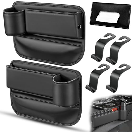 GZhaimai 2 STK Gap Organizer, Beifahrersitz Organizer mit Kabelloch für Handys Karten Brillen Schlüssel, mit Taschentuchbox Schwarz & Autohaken