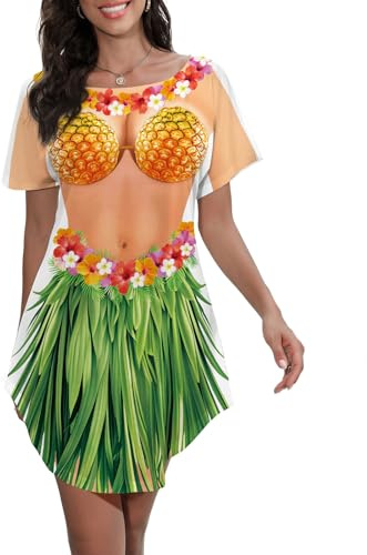 Women's Bikini Body Printed T Shirt Short Sleeve Beach Cover Up Luau Party Hawaiian Shirt, Fruit Party, XL