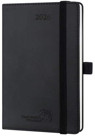 POPRUN Kalender 2026 Klein 16 x 10,5 cm (Jan.2026-Dez.2026) - Taschenkalender 2026 Klein Softcover mit PU-Leder - Terminplaner, Planer 1 Woche 2 Seite mit Stiftschlaufe - Schwarz