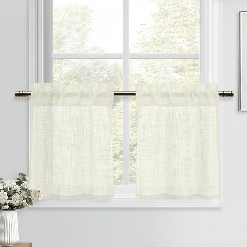 DWCN Hellbeige Scheibengardinen Kurz Vorhänge Leinen Gardinen 2 Stück H45xB60cm Vorhang Halbtransparent Fenstervorhänge Modern für Küchengardinen Landhaus Schrankvorhang Bistrogardine Wohnwagen