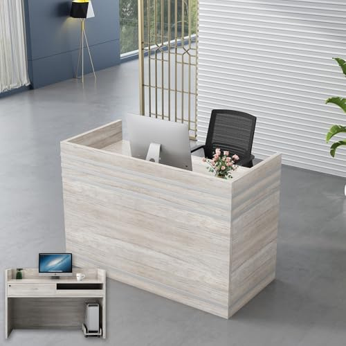 Heliosrider Empfangstheke Holz, Rezeptionstheke mit abschließbarer Schublade & Kabeldurchführung, Empfangstresen Rezeption Schreibtisch Theke Rezeptionstisch für Büro Praxis(Ancient Oak,160cm/63in)
