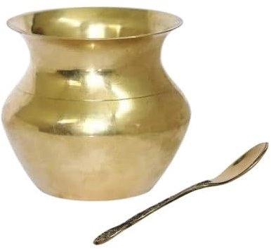 BRACOP® Brass Pot Water Carafe With Spoon Serving Utensils Mini Pot Kalash Indian Pooja Accessories Goblet Drinking Cups Set Of 2 Pcs Drinkware Metal Mug Lota Pooja Pot Indian Gifts