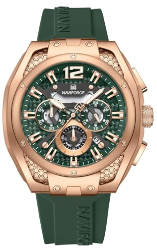 NAVIFORCE Orologi quadrati da uomo, cronografo analogico con calendario, orologio da polso al quarzo impermeabile per uomo, cinturino in silicone, Oro rosato