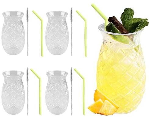 WIYETY 4er Set Ananas Gläser: 400ml Klares Cocktailbecher mit Ananas-Relief, Wiederverwendbar Partygläser mit 4 Strohhalme+ Strohbürsten, Saftgläser, Longdrinkglas in Ananasform für Hause, Party