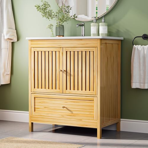 ELEVACHIC 30 Bathroom Vanity with Single Sink, Solid Wooden Free Standing Bathroom Cabinet, Farmhouse Bamboo Storage Cabinet with Large Drawer, Soft-Closing Louvered Doors with Built-in Shelves