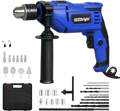 Traderight 800W Hammer Drill with 104-Piece Set, 3300RPM Corded Power Tool, 2-in-1 Impact & Masonry Function, Pure Copper Motor, 360° Handle & BS Plug for UK