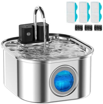 Wireless Cat Water Fountain with 3 Filters + 3 Sponges,[Rechargeable & Faucet ] Stainless Steel Battery Operated,108oz/ 3.2l Automatic Cordless Pet Fountain -Dog Fountain with 4200 Mah Battery