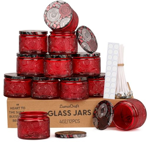 Candle Jar Luxus Relief Kerzengläser zum Kerzen gießen - 12er Pack Leere Glasgefäße mit Luftdichtem Metalldeckel, 20pcs Dochte & 20 pcs Aufkleber- 4oz Vintage Farbige Gläser für DIY Geschenke & Deko