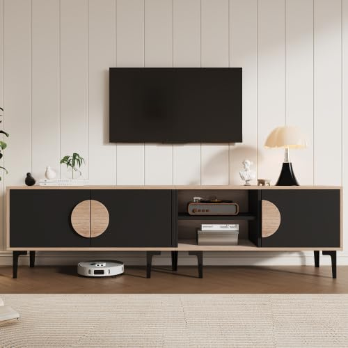Merax Mueble para TV de 180 x 35 x 49 cm, armario bajo para televisor de 80 pulgadas, armario para televisión con 2 armarios y estantes abiertos, color madera natural y negro, soporte de TV para salón