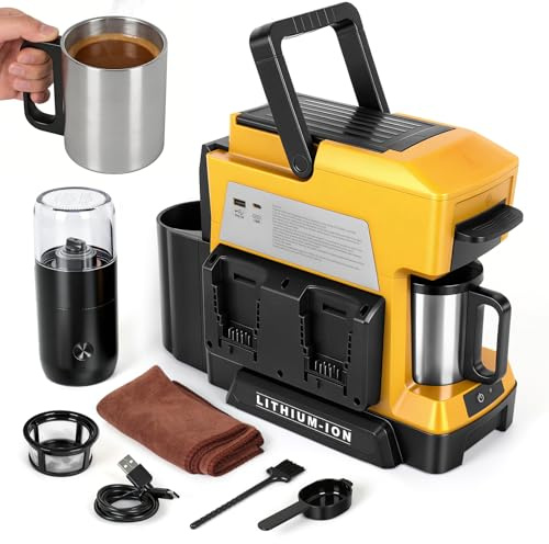 Kistrba Cordless Coffee Maker for Dewalt 18V 20V Max Battery(No Battery), Portable Drip Coffee Machine with Electric Coffee Grinder and Coffee Cup, for Camping Travel RV