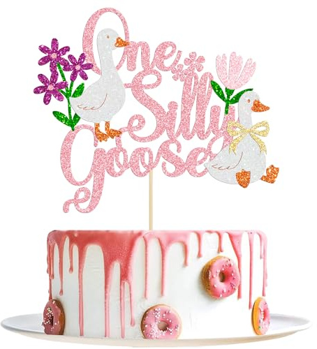 Ephlyn 1 Pack One Silly Goose Cake Topper 1st Birthday Cake Decorations Glitter Silly Goose Birthday Cake Pick for Boys Girls First Birthday Party Cake Decorations Supplies Pink