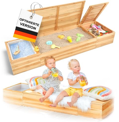 SCHRIMA® Sandkasten mit Abdeckung 150x45cm – 4 in 1 Sandbox mit Deckel aus lasiertem Massivholz für Balkon, Terrasse & Garten – Matschküche, Sandfach, Staufach, Sitzbank & Vlies, ab 1 Jahr
