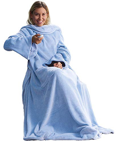 CelinaTex TV-filt med ärmar och fotficka, fluffig gosig filt, 150 x 180 cm, ljusblå, mikrofiber, fleece, mjuk, Oeko-TEX