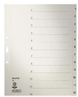 Zahlenregister, Tauenpapier, A4+, Tabe 1-12, 12 Blatt, 240mm breit, grau