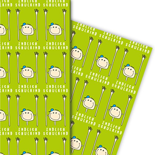 Lustiges Einschulungs Geschenkpapier Set (4 Bogen) Dekorpapier mit Kindern Endlich Schulkind , grün, für tolle Geschenk Verpackung und Überraschungen zum Schulanfang u.v.m. 32 x 48cm