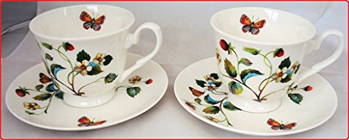 fromeuropewithlove Strawberries & Butterflies Cups and Saucers Set of 2 Fine Bone China Tea Coffee Cups & Saucers Hand Decorated in UK