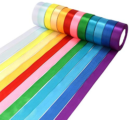 12 Farben 22m länge X 25mm Breit, total 264m Satinband Geschenkband Schleifenband Stoffband Dekoband Stoff Bänder zum Basteln und Geschenk Verpacken, Dekoration. (Creme Rot Rosa Lila Dunkelblau)