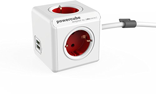 Power-Würfel Extended DuoUSB EU rot, Steckdosenwürfel mit 4 Steckdosen und 2 USB Ports, Schreibtisch Montage-Kit und 1,5m Kabel, 230V, 10A max.
