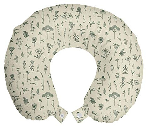 Lunarable Lavender Travel Pillow Neck Rest, Hand Drawn Sketchy Calendula Clover Chamomiles Valerian Natural, Memory Foam Traveling Accessory for Airplane and Car, 12, Eggshell Hunter Green