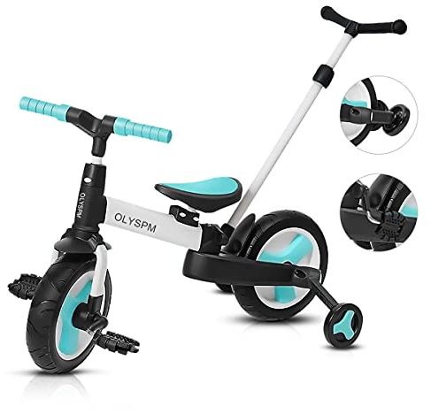 OLYSPM 5 in 1 Laufräder Kinder Dreiräder Lauflernhilfe,Vergrößerter Körper,faltbar Kinderlaufrad,mit Schubstange Kinderdreirad,für Kinder ab 1 Jahre bis 6 Jahren(Hellblau Mit Schubstange)