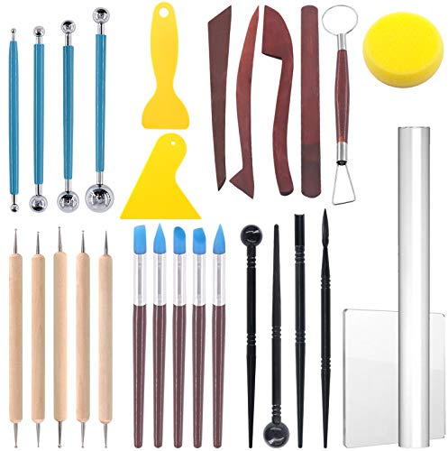 Glarks Lot de 28 outils de sculpture pour argile, y compris des outils de modelage en plastique, des outils à double extrémité, un stylet, des stylos à pointe en silicone et des couteaux de sculpture