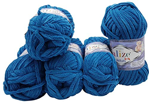 5 x 100 Gramm Alize Velluto Strickwolle, Babywolle, 500 Gramm Wolle Super soft Bulky (blau 646)
